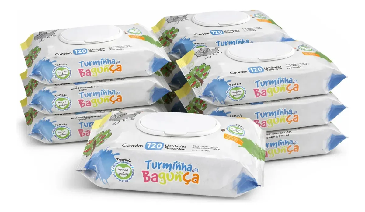 Kit 10 Pacotes Lenços Umedecidos Turminha Da Bagunça 120 Folhas 10x13cm Toalhas umedecidas Hipoalergênica Vegano