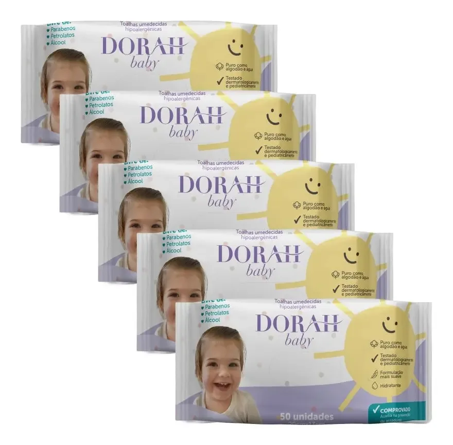 Kit com 5 Lenços Umedecidos Dorah Baby Hipoalergênicos de 50 Unidades