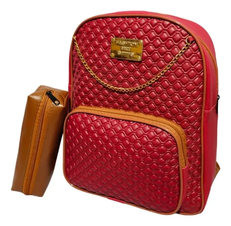 Mochila Feminina Com Corrente Escolar E Passeio Estojo Cor Vinho Desenho Do Tecido Liso
