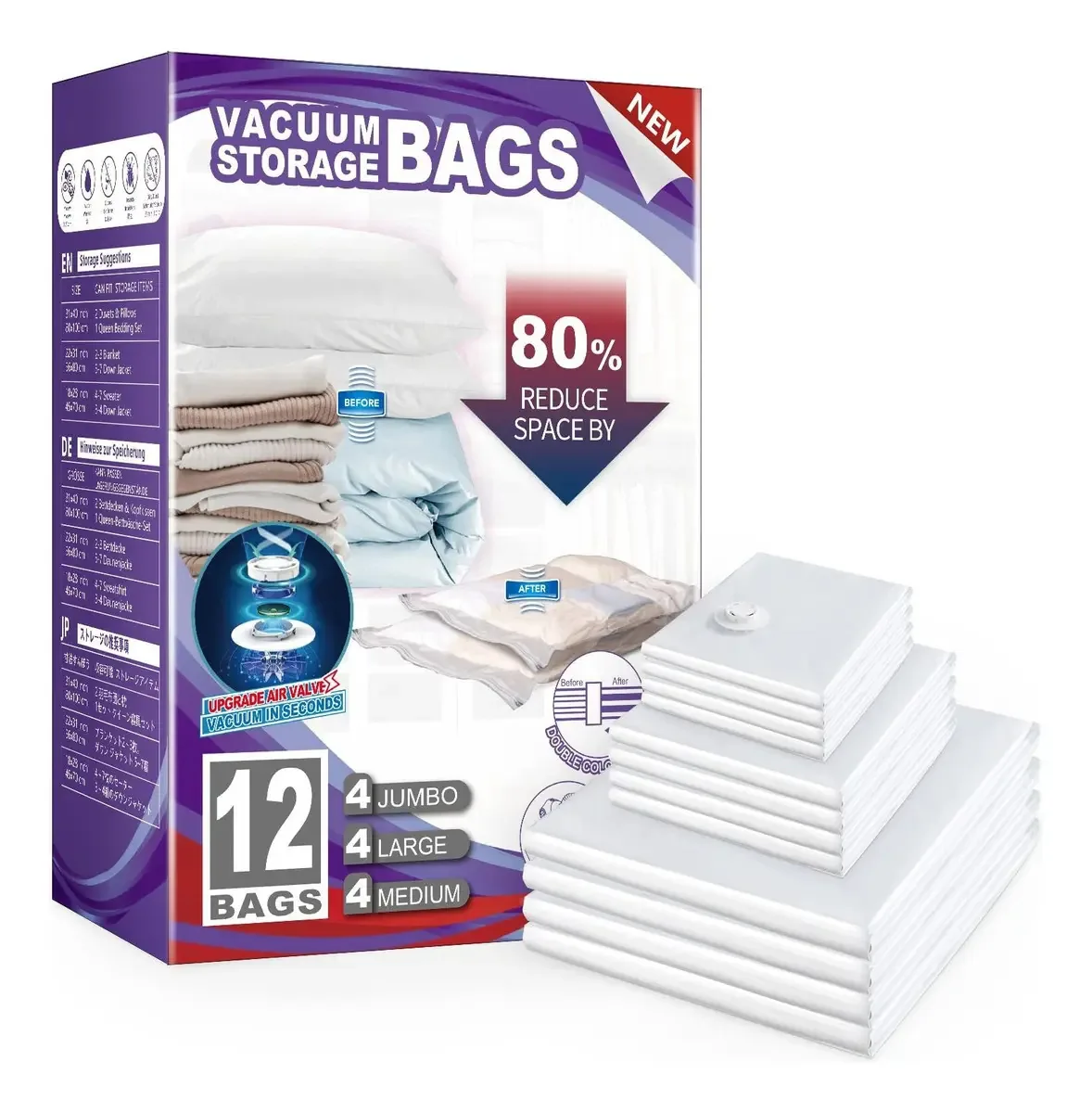 Sacos de vácuo para roupas, sacos de compressão, pacote com 12