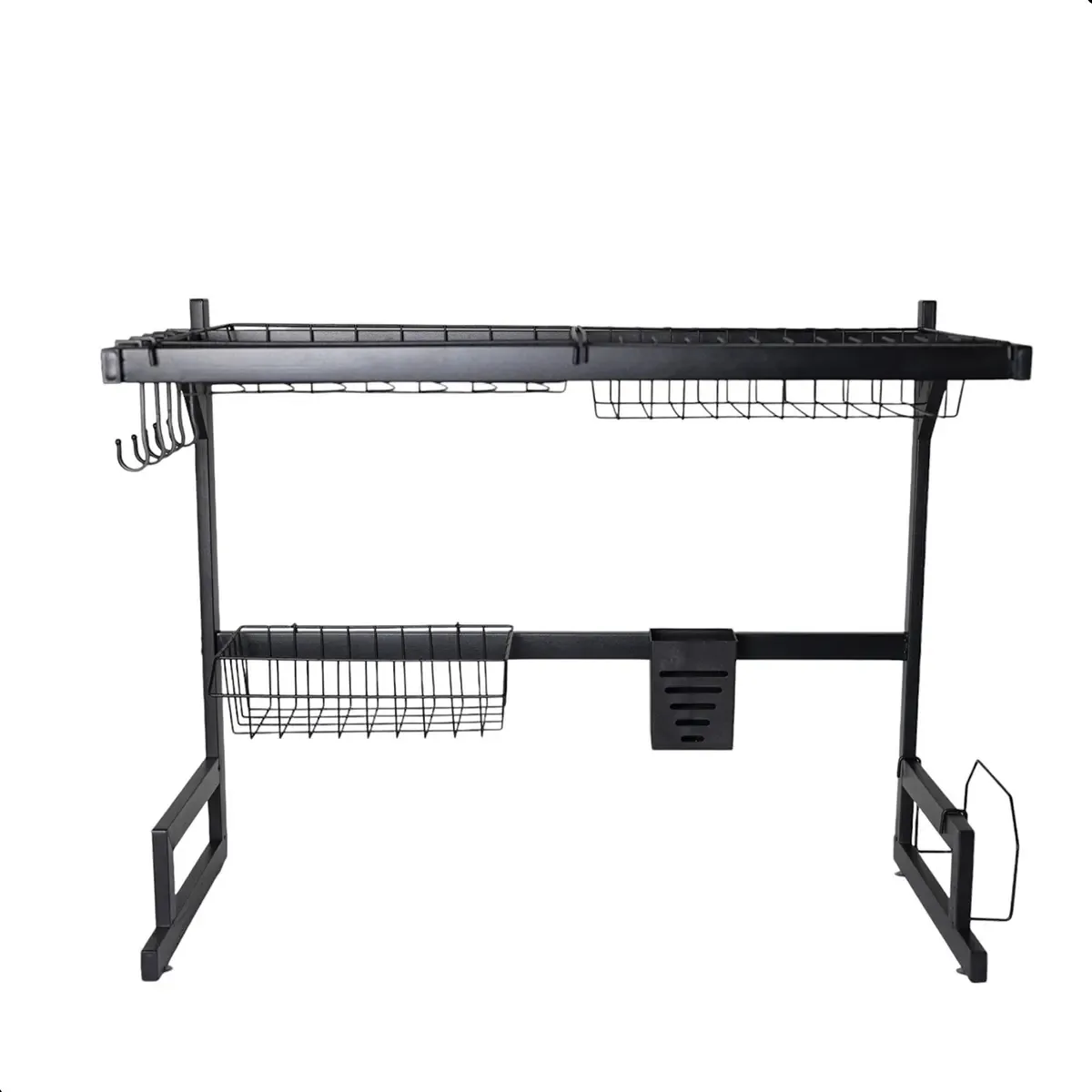 Escorredor de Pratos Aço Inox Preto Meu Canto 1 Andar Com Porta Copos e Talheres