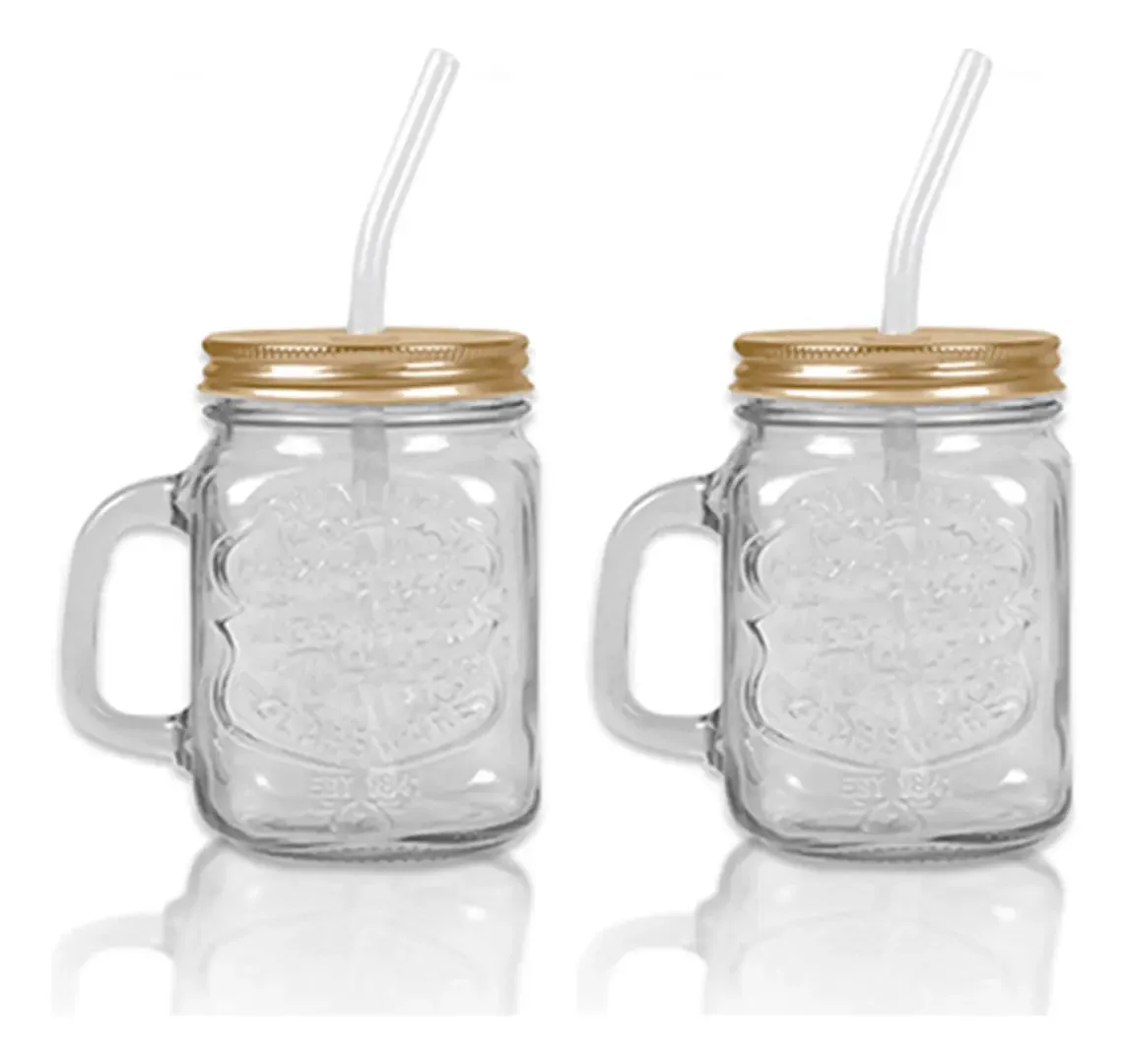 Kit 2 Jarras Suco Vidro 480ml Com Canudo Dourado Meu Canto