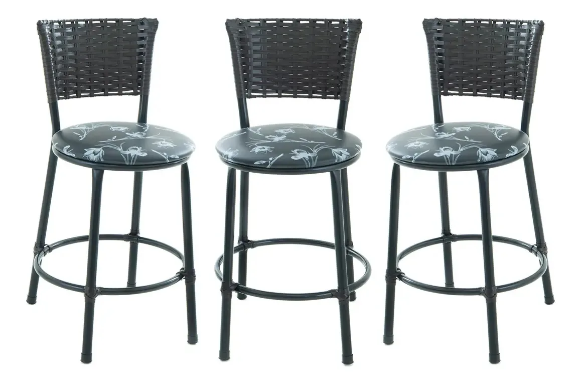 Kit 3 Banqueta Baixa Junco Tabaco Estilo E Conforto Cor Preto Florido
