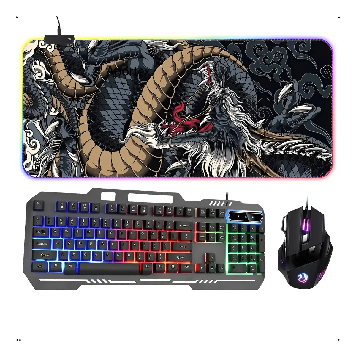 Kit Teclado Mecânico Gamer USB e Mouse RGB com Mousepad Dragão