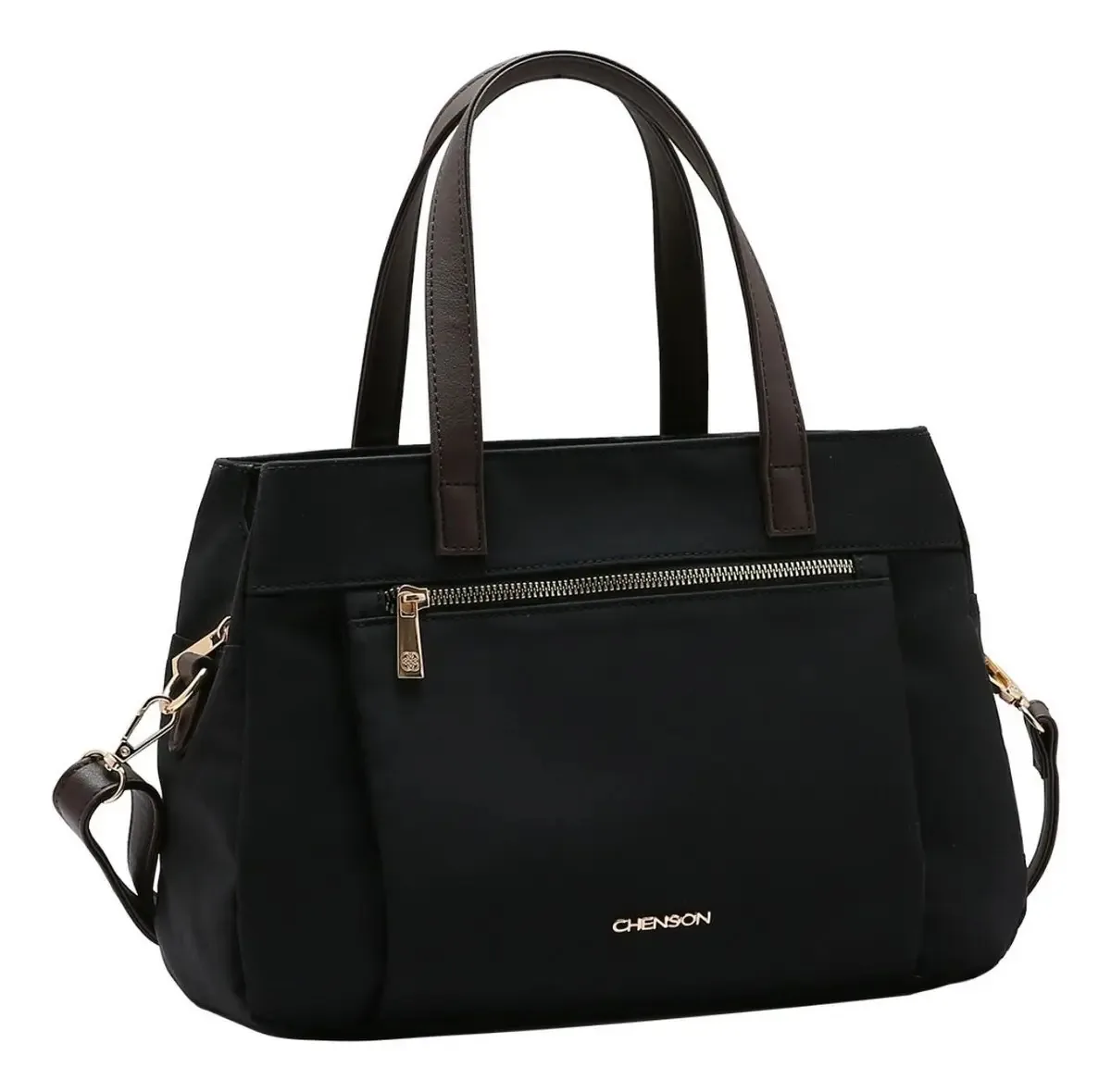 Bolsa Feminina Chenson Preta Transversal, com Ferragens Douradas e Alça Marrom