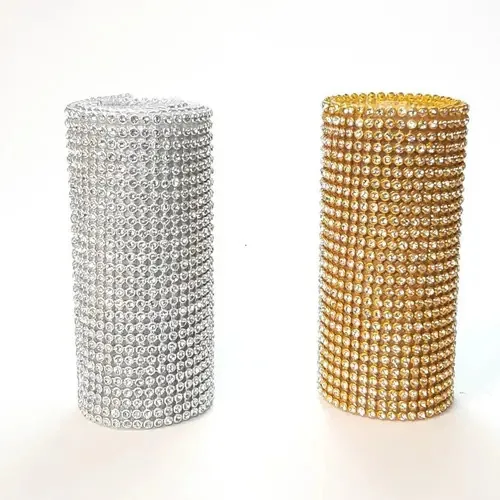 Kit 2 Mantas de Strass Termocolante Dourada e Prata 13 Fileiras 5x45cm Pedras de Vidro Base Metálica Recortável para Customização