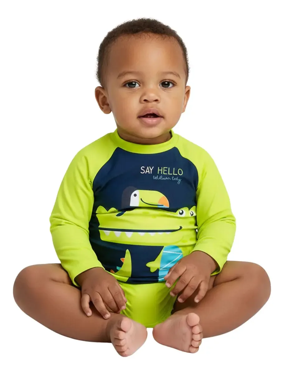 Conjunto Praia Bebê Proteção Uv Jacaré Amarelo Neon Kamylus Tamanho 3-6m