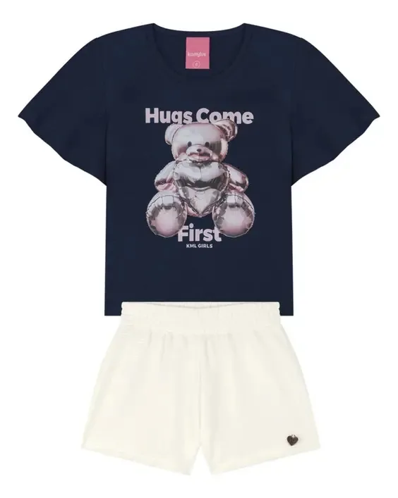 Conjunto Kamylus Infantil Menina Blusa Estampada E Shorts Cor Marinho