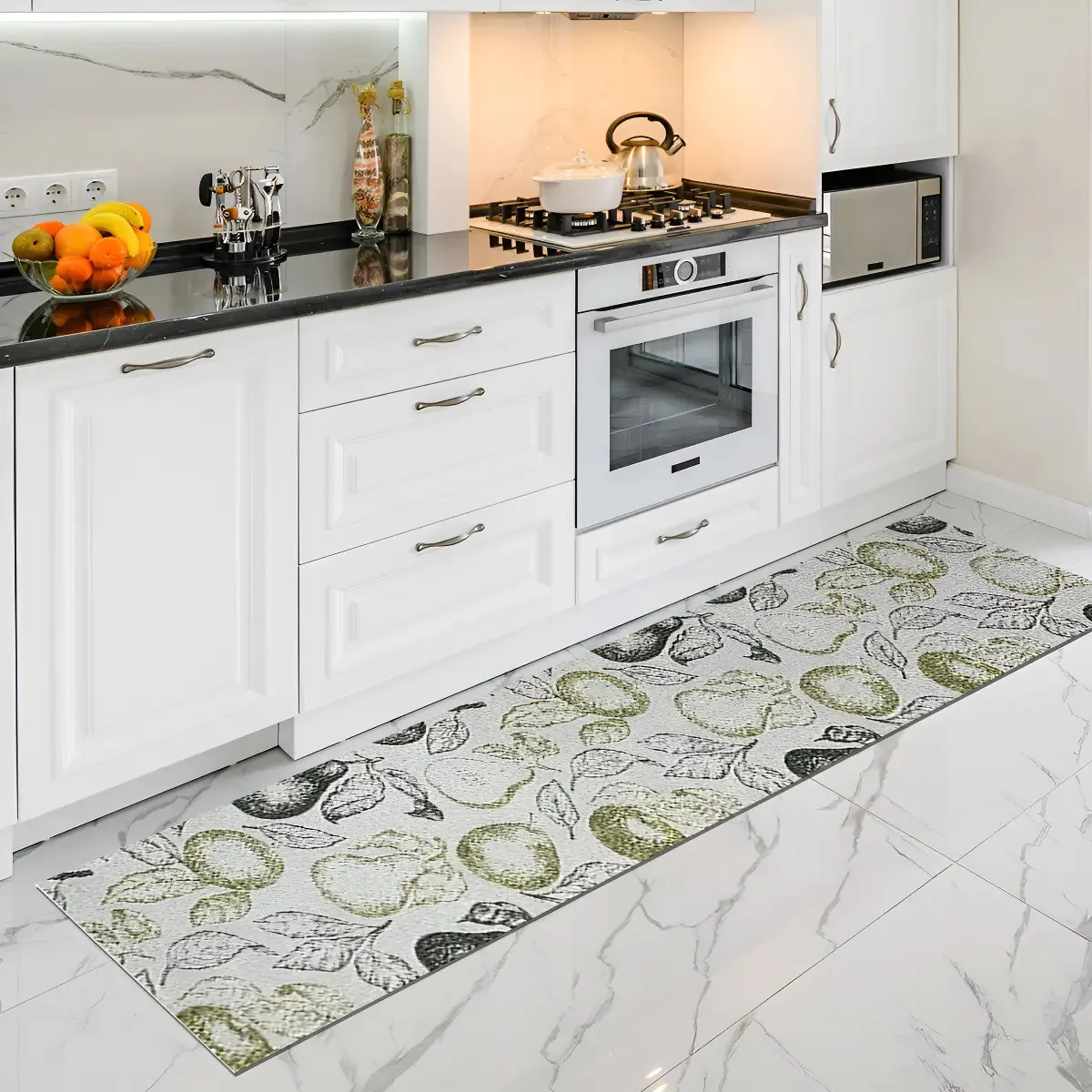 1 Tapete Passadeira Cozinha Absorvente 48 X 160 Oa Ptk M01 Fruta Cinza Claro Verde Amarelo Estampado