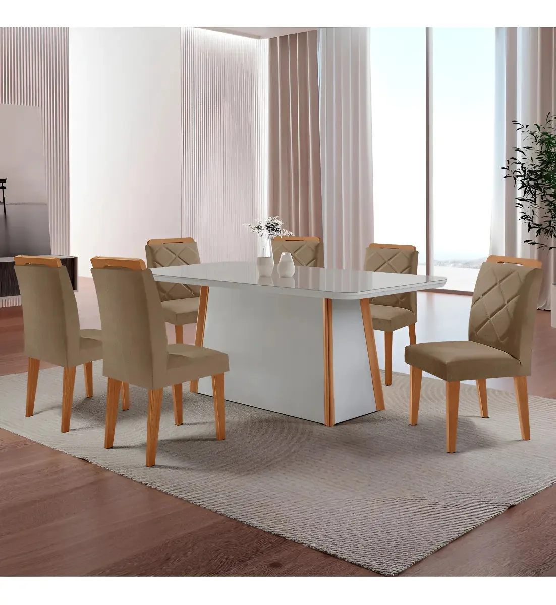Mesa Diane 180cm Mdf Vidro E 6 Cadeiras Melissa Tampa Caramelo