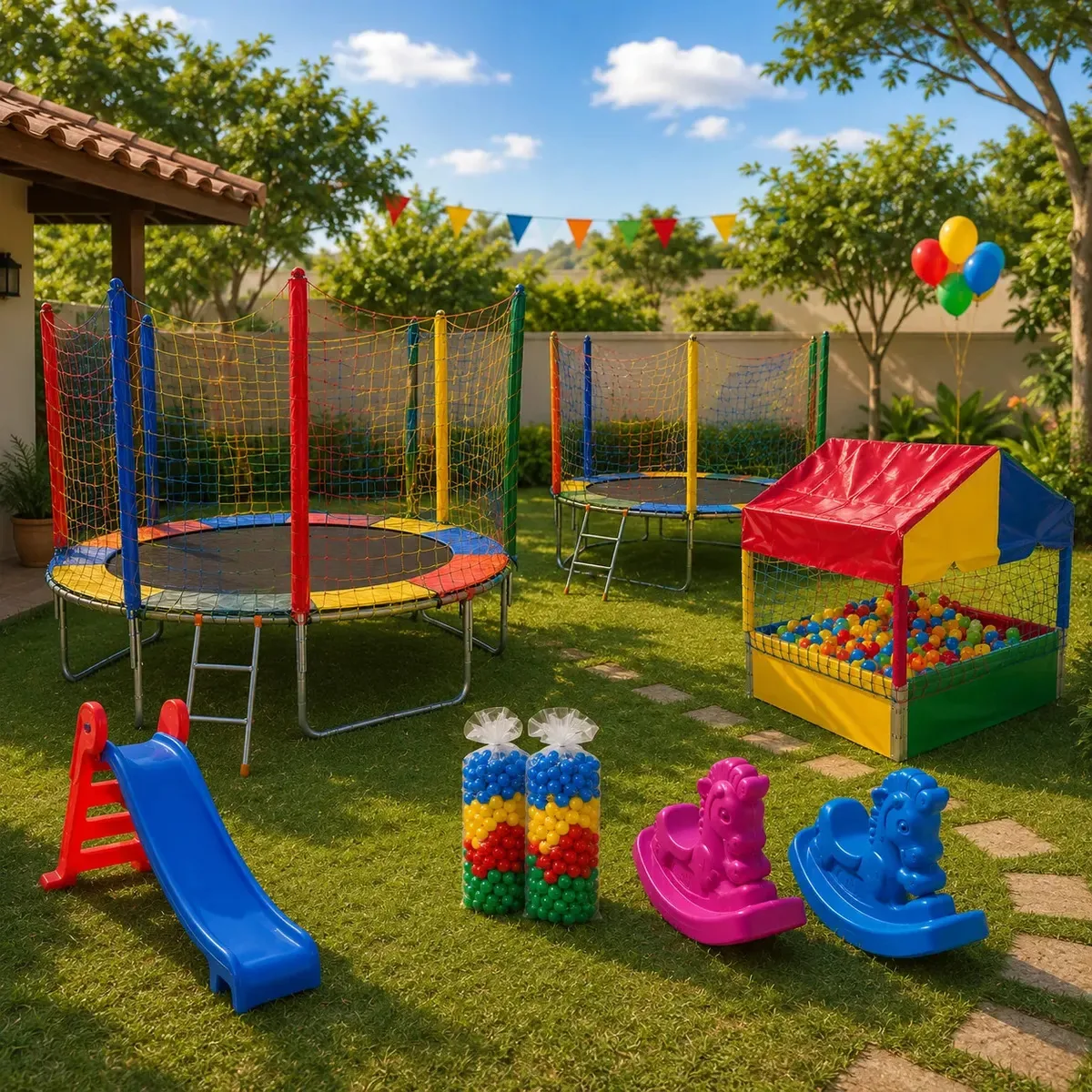 Kit com 2 Camas Elásticas de 3,05m e 2,44m, Piscina de Bolinhas, Escorregador e Gangorra