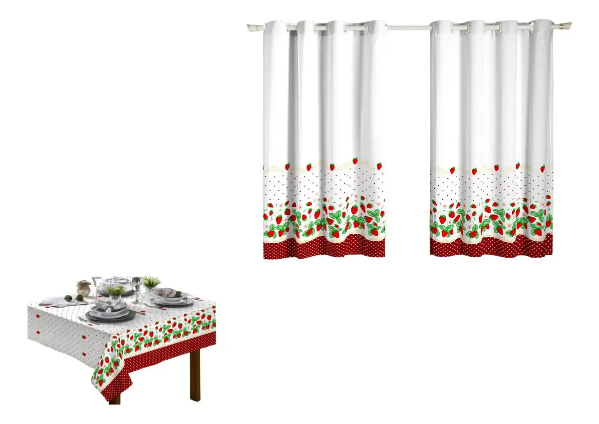 Kit 2 Pçs Cortina Cozinha + Toalha De Mesa Cozinha 4 Lugares Cor Morangos
