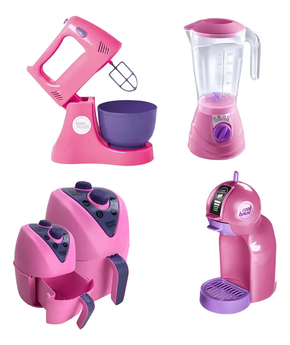 Kit Com 4 Brinquedos Cozinha Infantil Completa Comida Cafete Cor Rosa