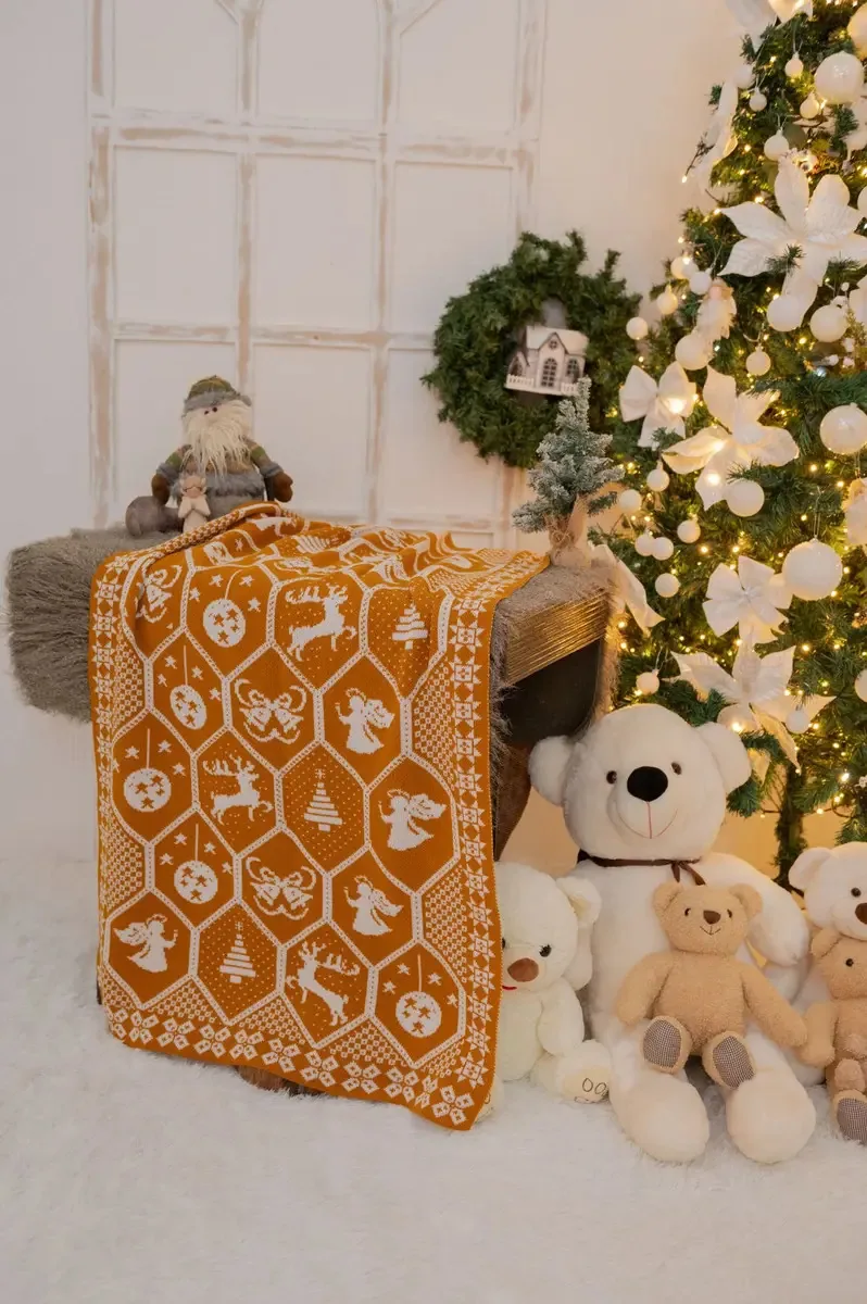 Manta Decorativa Tricot Natal para Sofá Dourado-Escuro