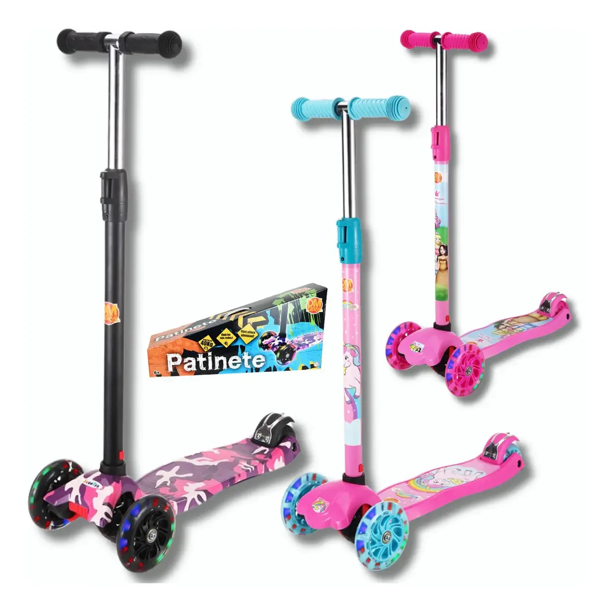 Patinete Dm Toys E Wellkids 3 Rodas Camuflado Rosa
