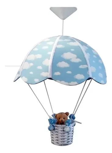 Pendente Paraquedas Nuvens Azul Com Ursinho Quarto De Bebe