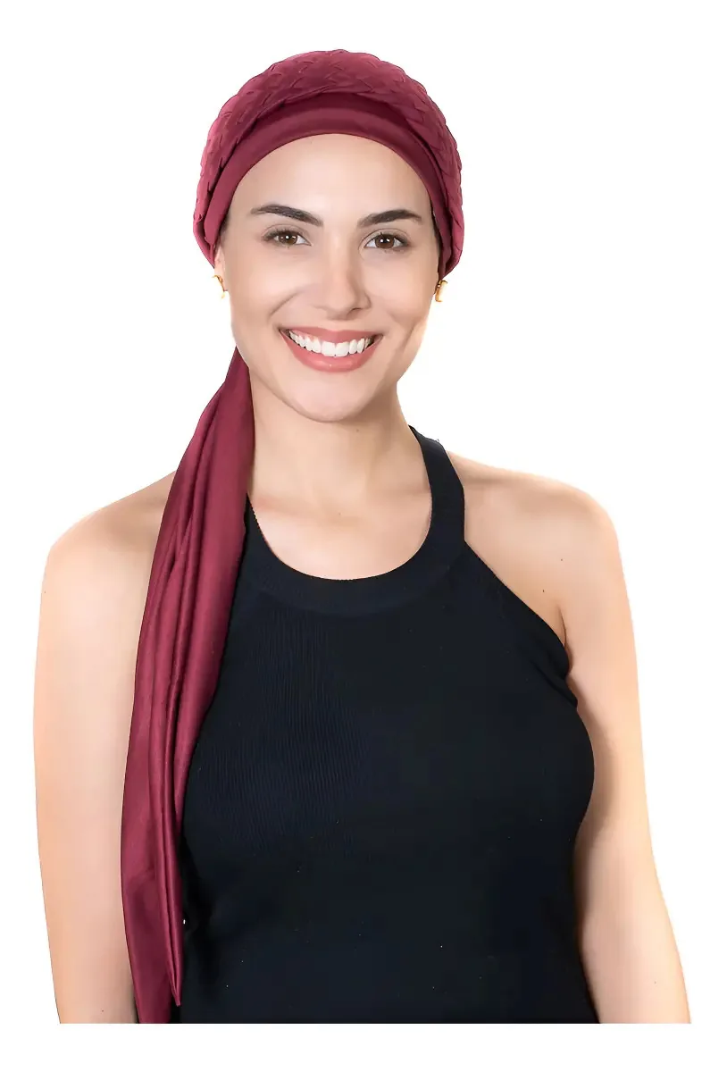 * Turbante Vinho + Trança Larga Vinho: Quimio, Alopécia Cor Bordô Tamanho Único