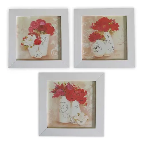 Kit 3 Quadros De Flores, Moldura Branca - Com Vidro
