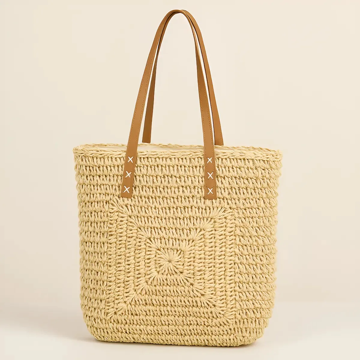 Bolsa Praia Grande Palha Sintética BOUTIQUE SOBERANA Alça Couro Beige