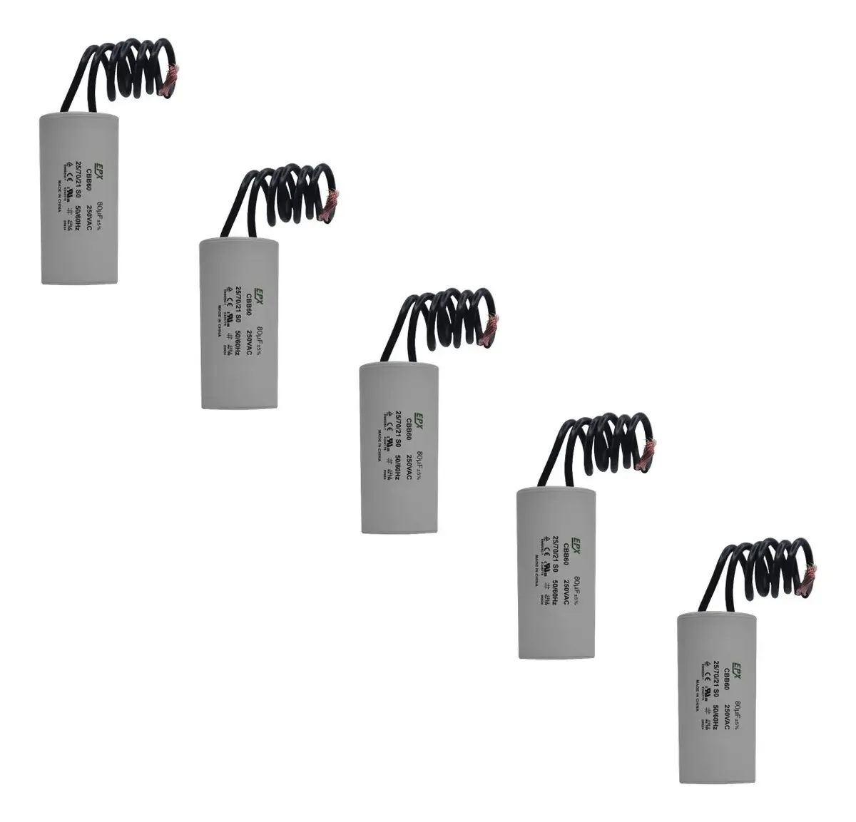 Kit 5 Capacitores Permanentes 80uf 250v 2 Fios Cbb60 Motor