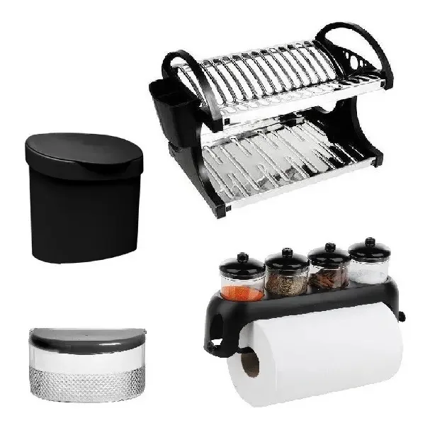 Kit Escorredor + Saleiro + Porta Condimentos E Lixeira Preto