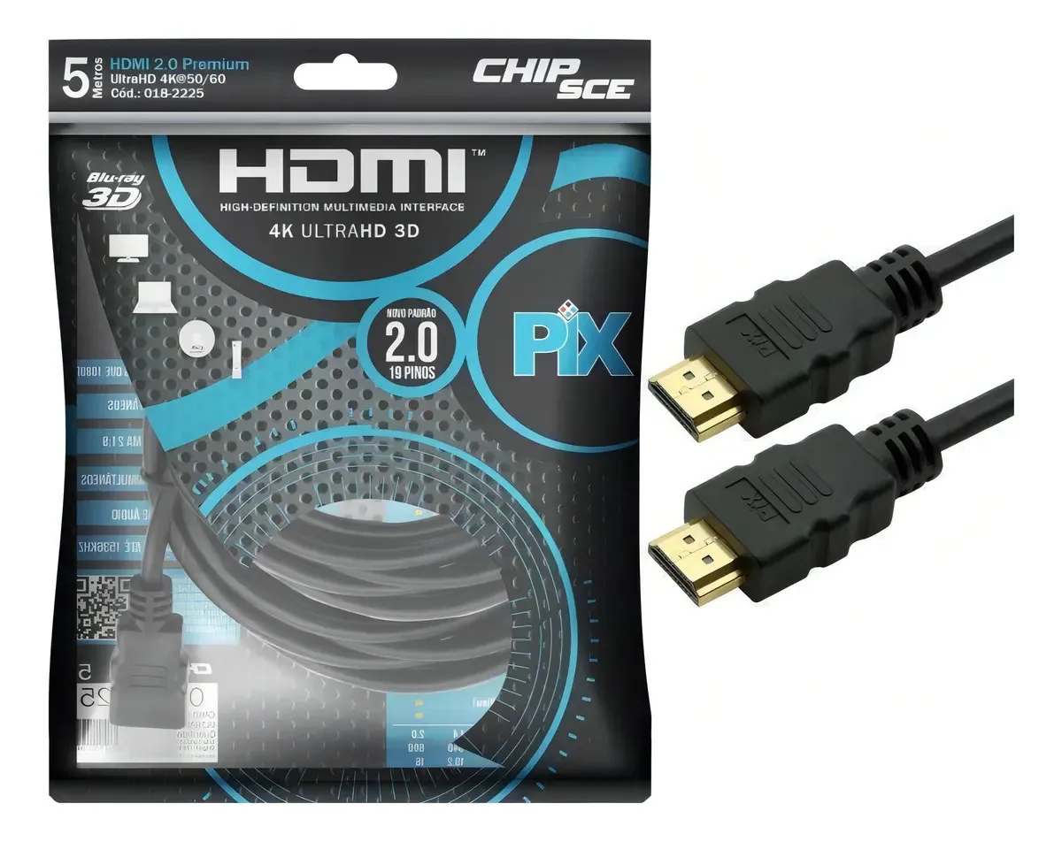 Cabo HDMI 5m 2.0 4K ChipSCE Conectores de Entrada e Saída HDMI