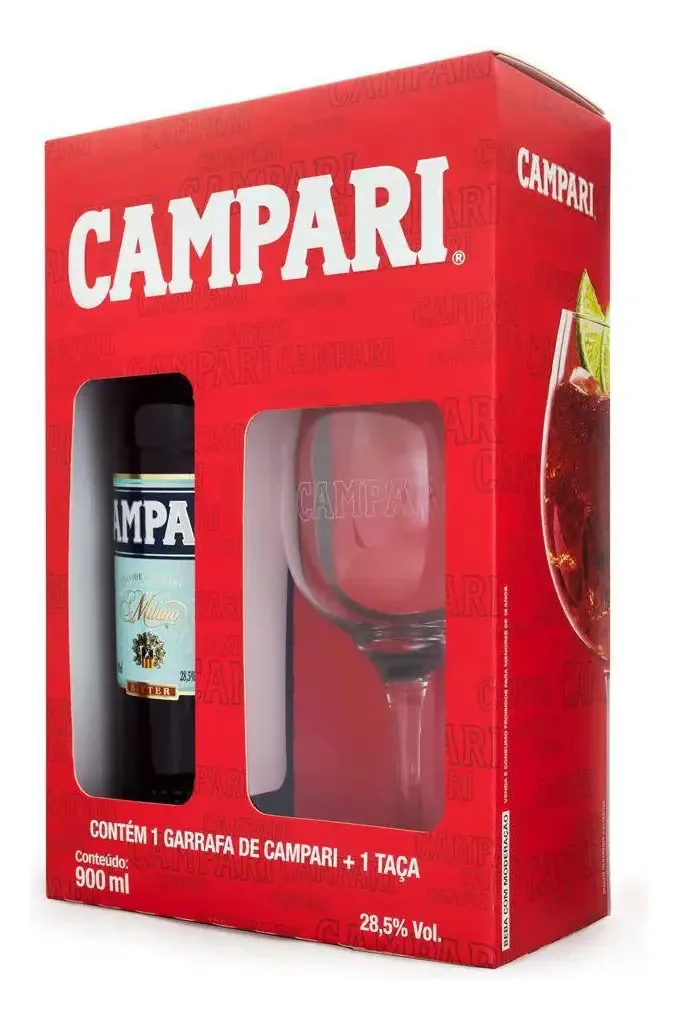 Kit Campari 900ml + Taça Estampada 615ml + Caixa Presente