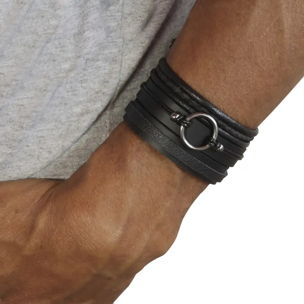 Kit Pulseiras Masculinas Negras Circular Com 03