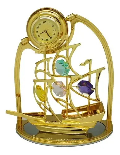 Veleiro Com Relógio Ouro 24k Cristais Swarovski Decor