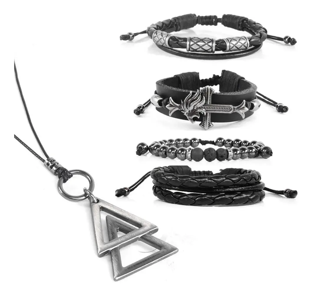 Kit Pulseiras Masculinas Couro Leão Com Colar Triângulo