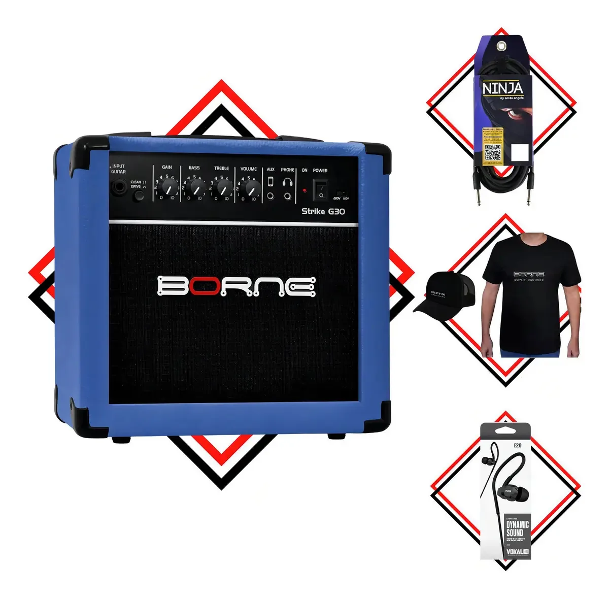 Amplificador Guitarra Borne Strike G30 Azul + Acessórios