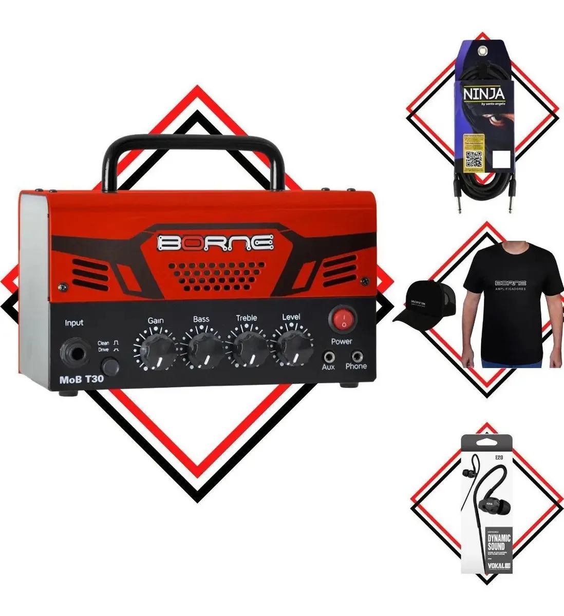 Mini Amplificador Borne Mob T30 Vermelho + Kit