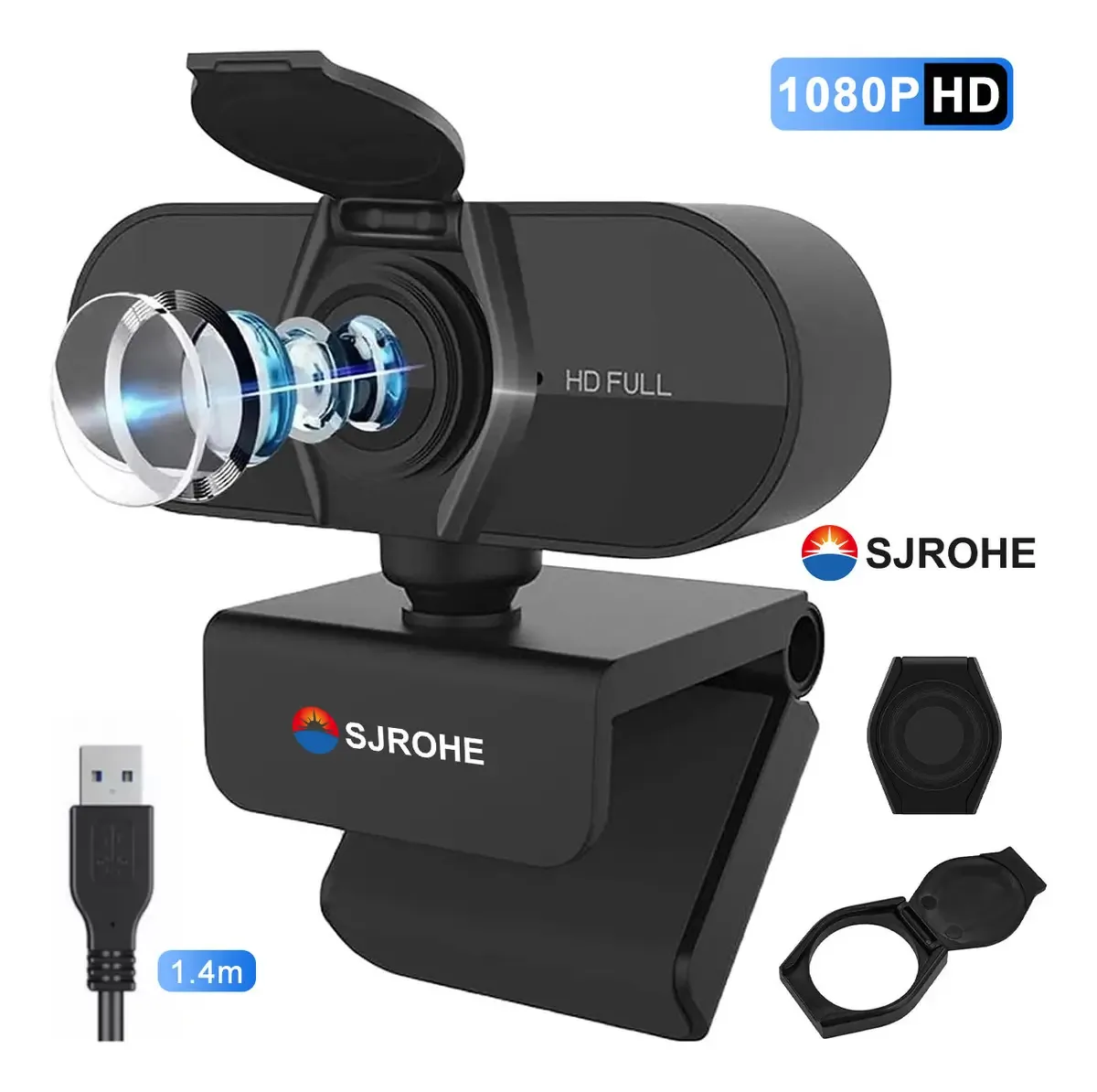 Webcam Sjrohe 1080p Webcam USB 30 fps Câmera de computador preta sem necessidade de driver, webcam Full HD com estojo de privacidade
