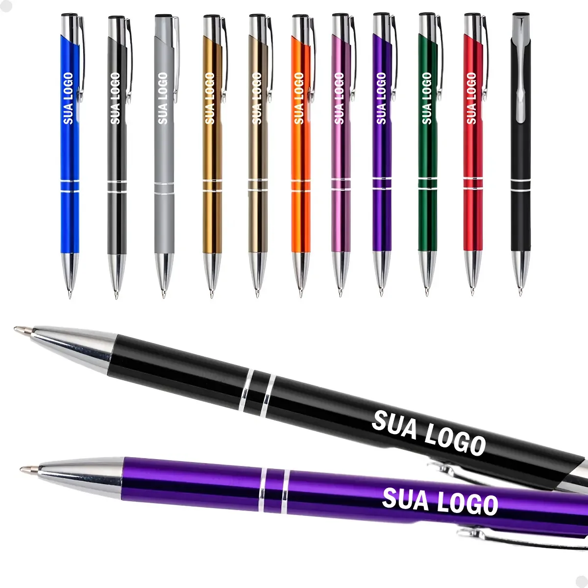 Kit 15 Canetas Esferográficas Personalizadas para Empresas, com Tinta Azul e Exterior Champagne