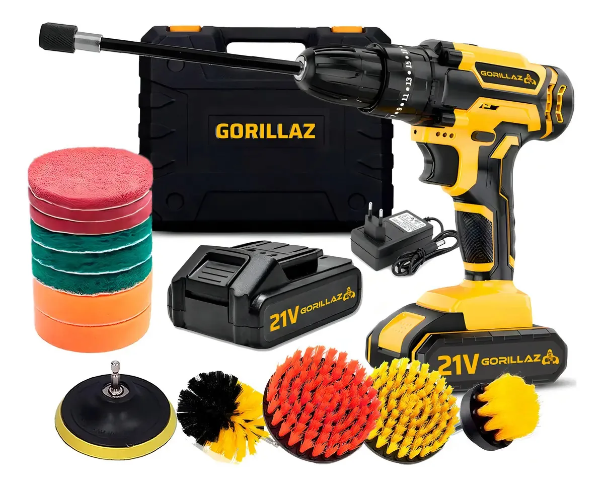 Parafusadeira Furadeira 10mm 3/8 Com 2 Baterias 21v Bivolt Grz-21pb Gorillaz Com Kit Escovas Rotativas Multiuso 14 Peças