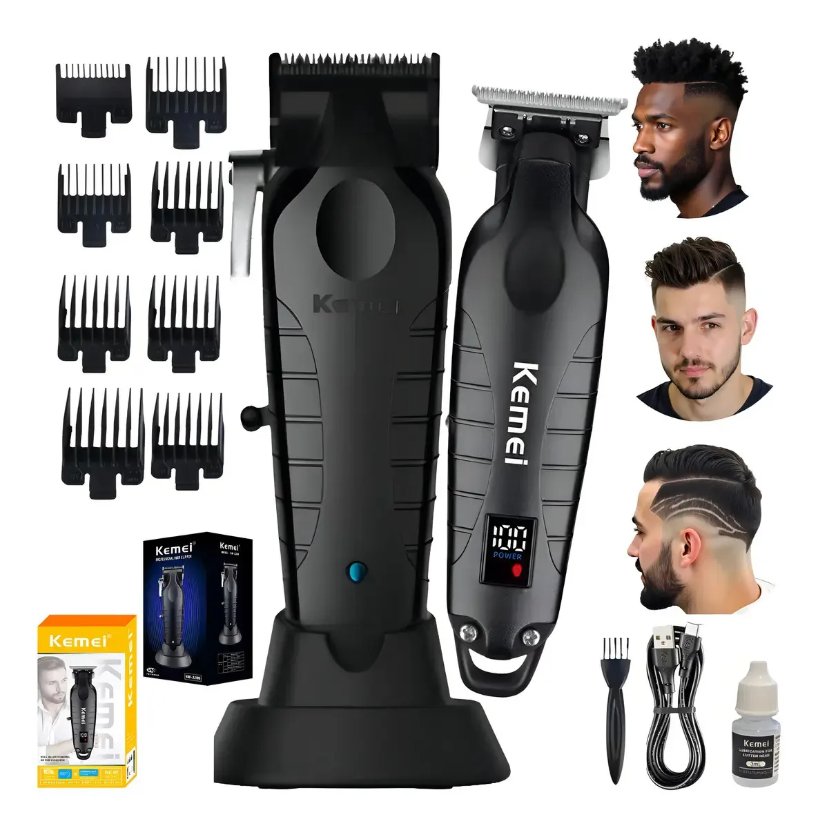 2 Máquinas De Cortar Cabelo Kemei Acabamento Profissional Preto