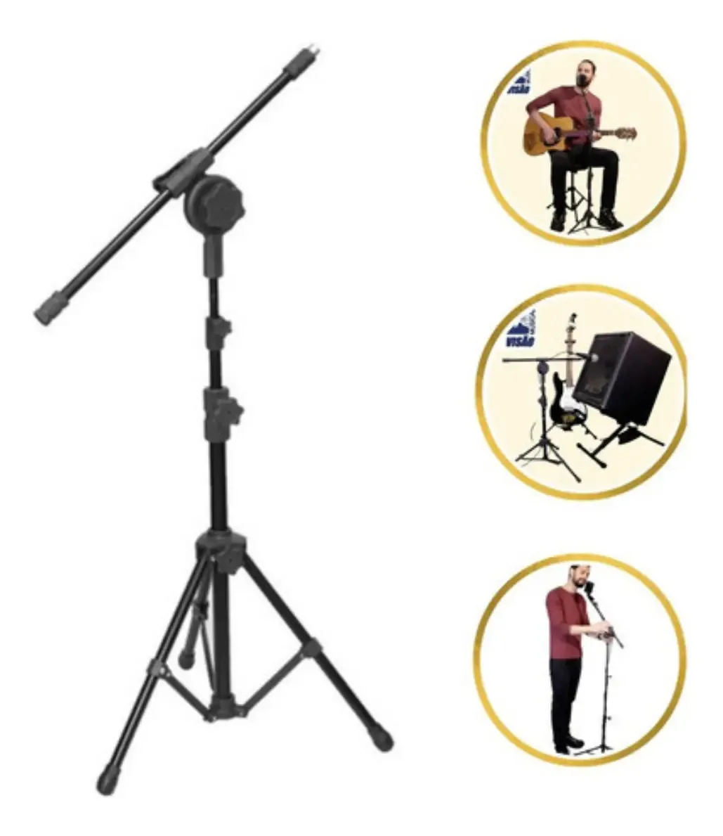Pedestal Girafa Para Microfone C/ Pés Dobráveis E Braço Articulado Visão Musical Cor Preto