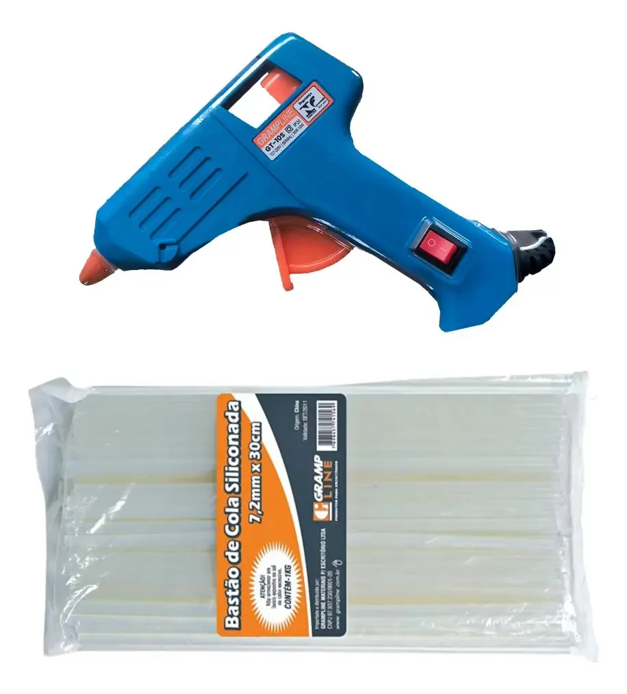 Kit Pistola Cola Quente Botão (on/off) Gt-10s Biv + 1kg Cola Cor Azul