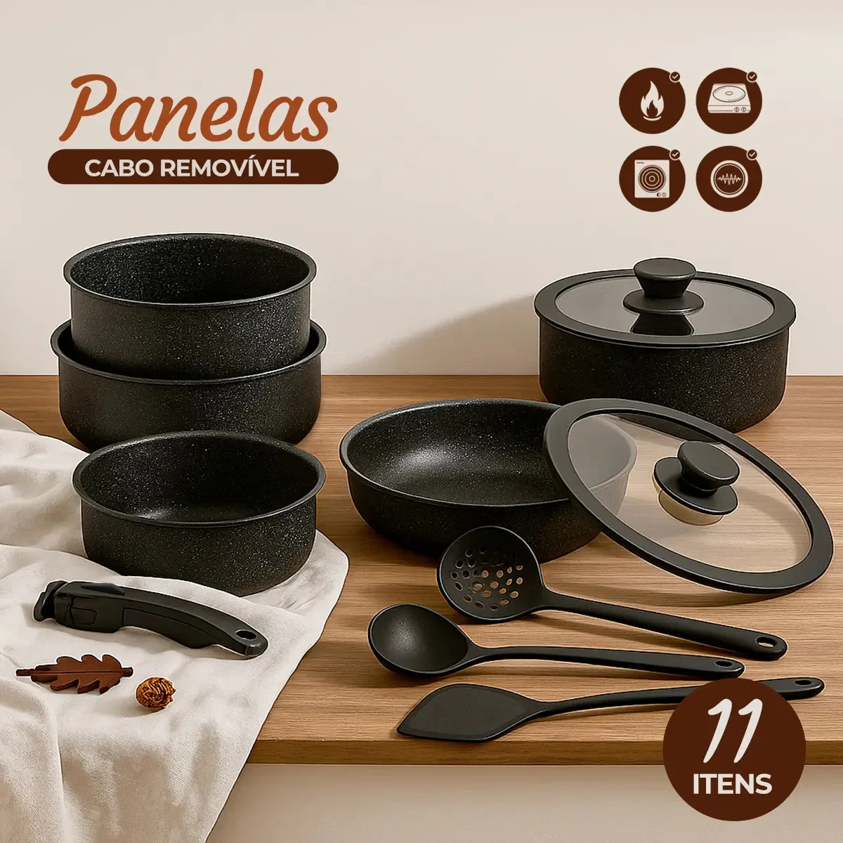 Jogo Panelas 11 Pçs Antiaderente Cabo Removível Tampa Vidro 3 Colheres De Silicone Cozinha Familar Fogão Indução Frigideira Frita Sem Oleo A Vapor Louças Cooktop