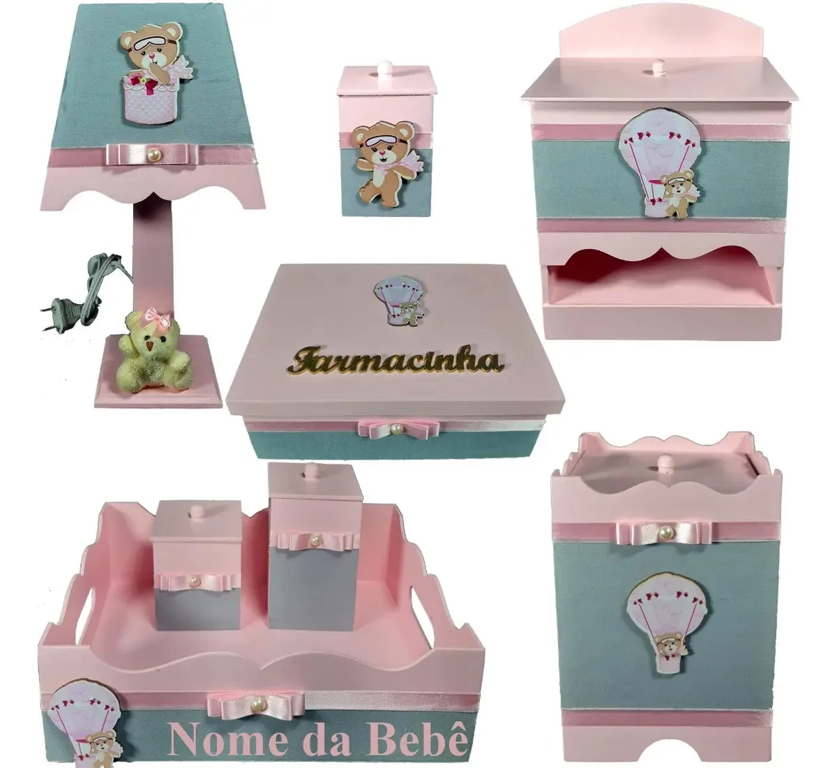 Kit Farmacinha Higiene Quarto Bebê Com Nome - Temas Cor URSINHA BALAO ROSA E CINZA