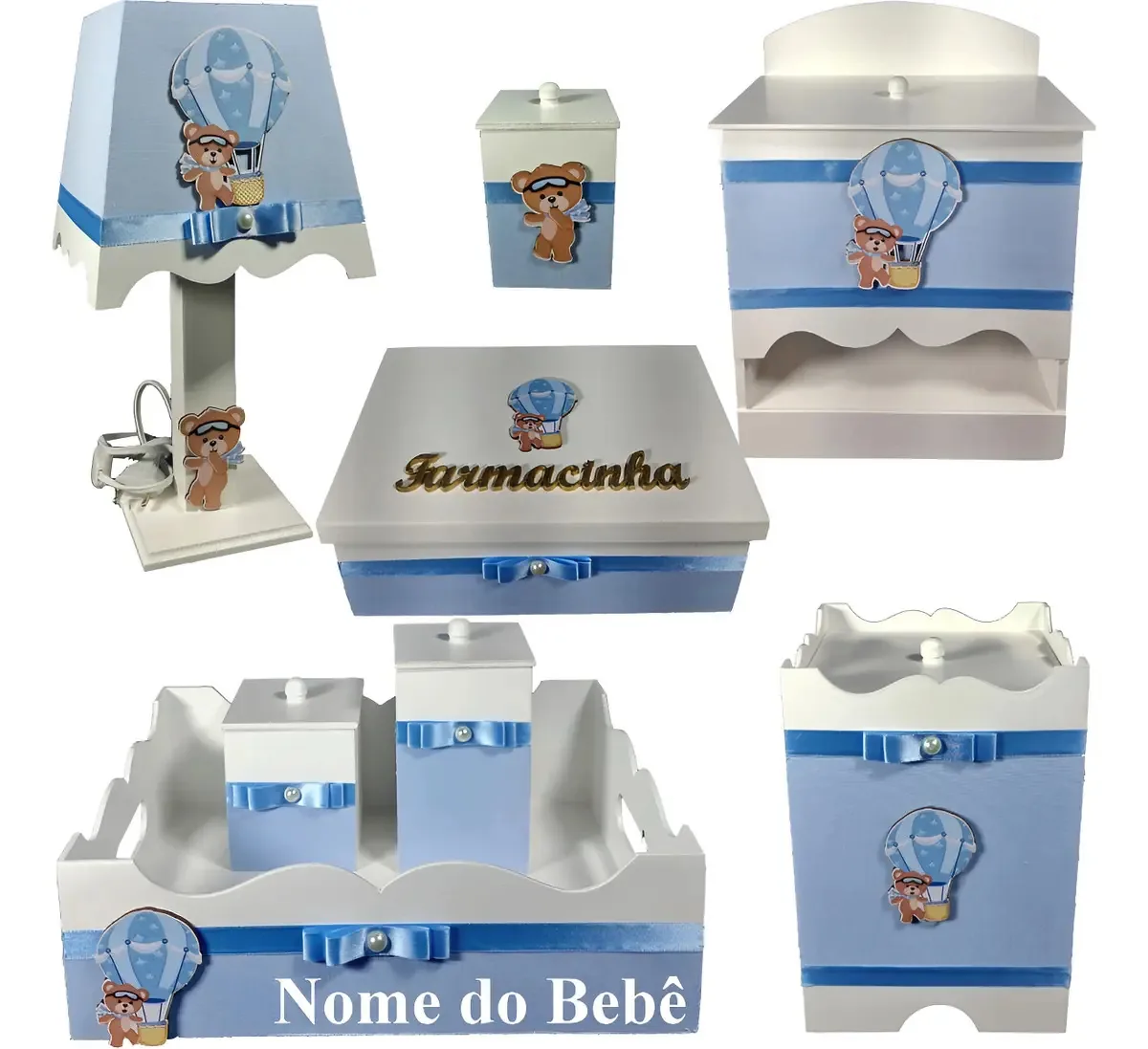 Kit Farmacinha Higiene Quarto Bebê Com Nome - Temas Cor URSINHO BALÃO BRANCO E AZUL BB