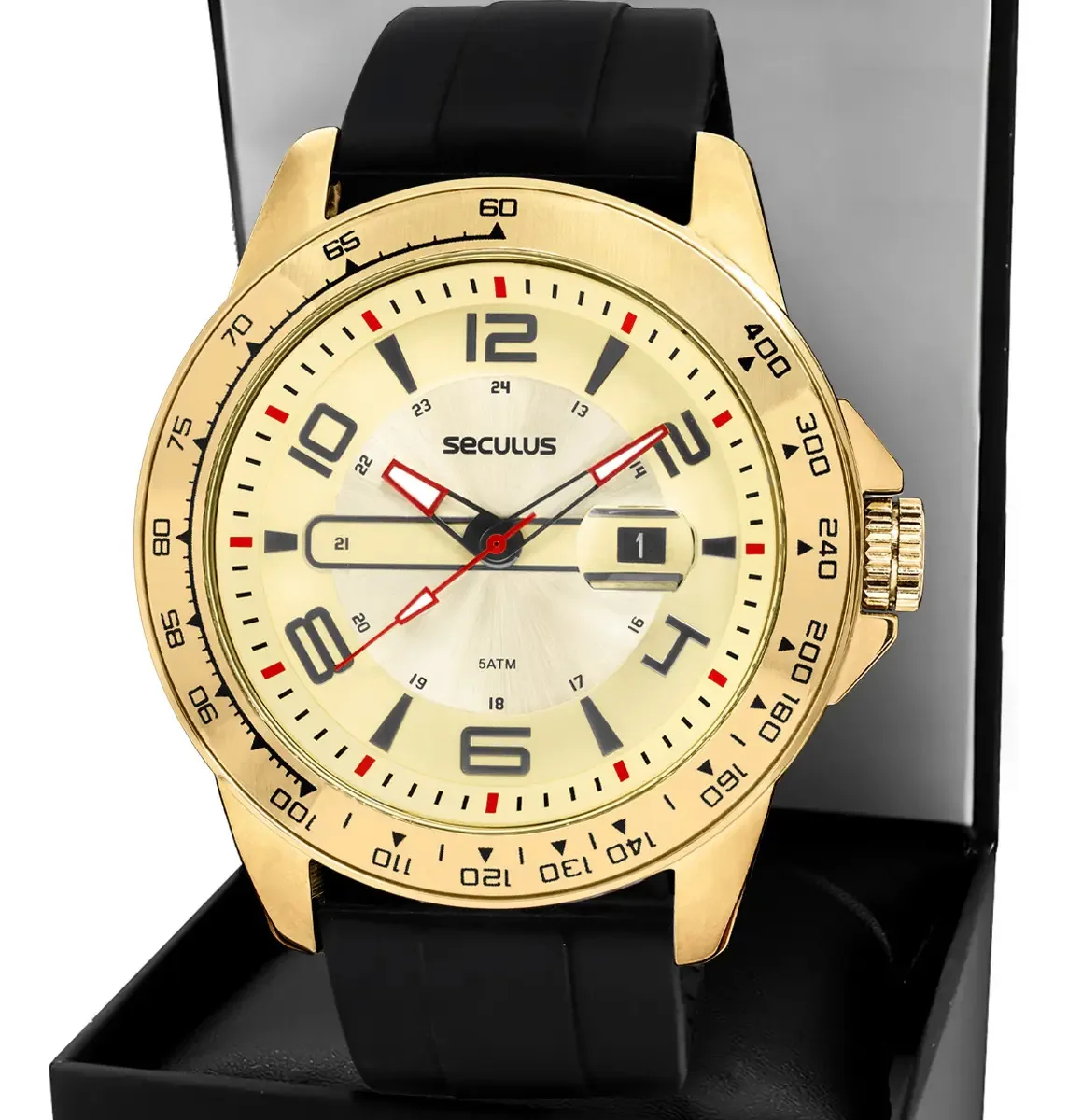 Relogios Seculus Saturn Correia Preto Bisel Dourado