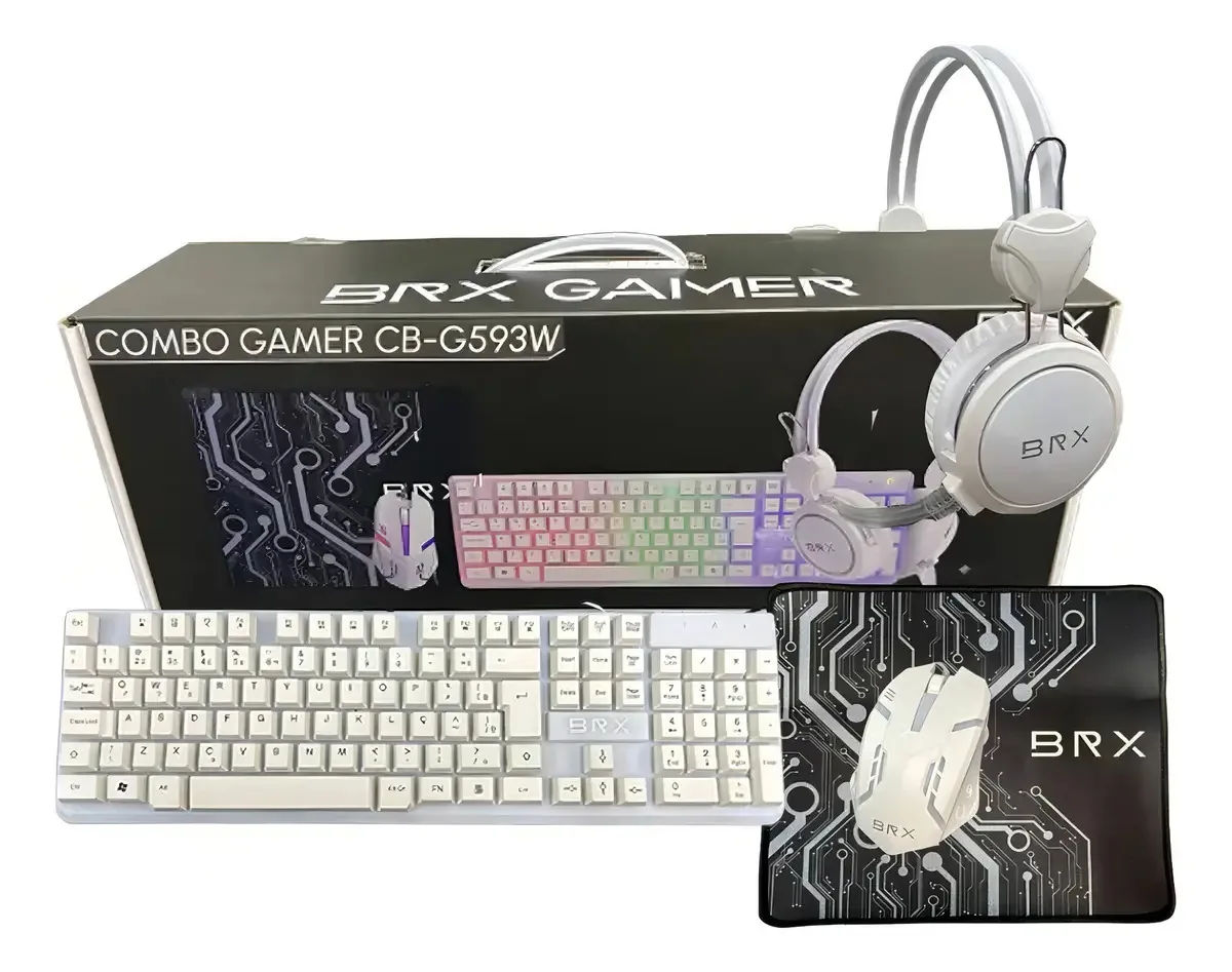 Kit Gamer Completo BRX: Teclado Mecânico, Mouse, Headset e Mousepad Branco