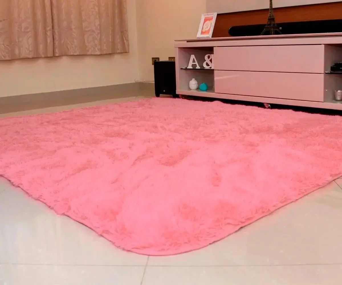 Tapete Peludo Felpudo 40mm 150x200 + Tapete 60x40 Cor Tapete Rose + Tap Porta