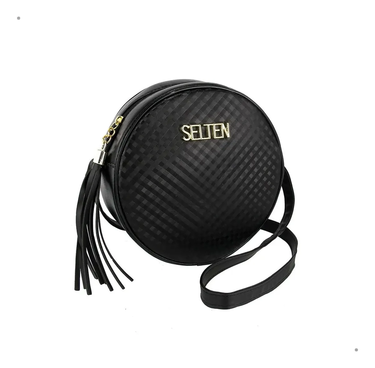 Bolsa Redonda Feminina Lateral E Transversal Pequena 3d Acambamento dos ferragens Ouro Cor Preto Correia de ombro Preto