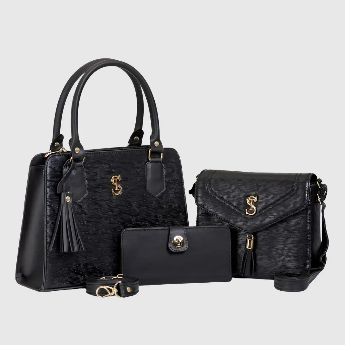 Kit Bolsas Femininas Baú E Flat Pequena Com Carteira Preta