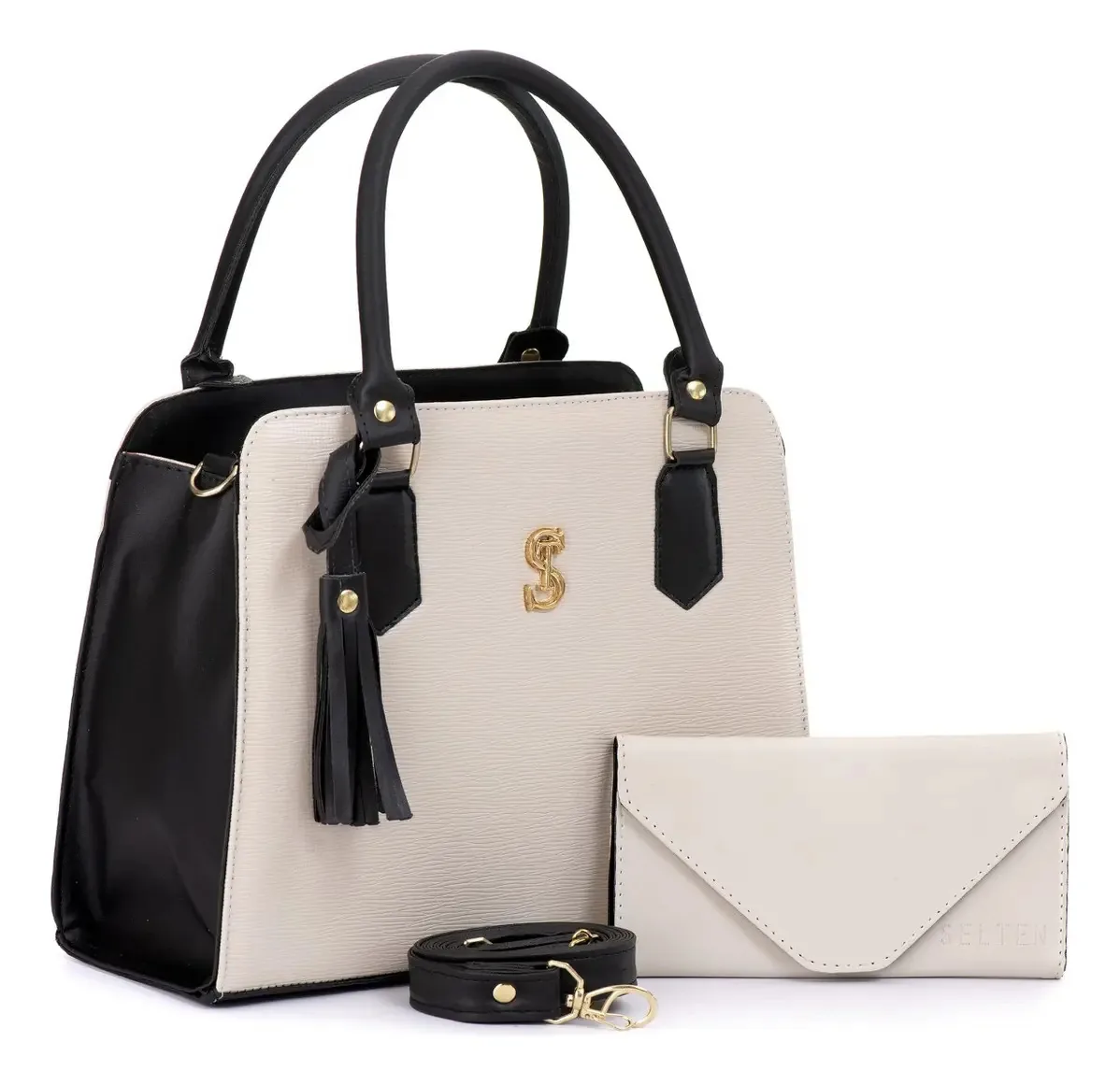 Bolsa Feminina Transversal E De Mao Media Com Carteira Acambamento Dos Ferragens Ouro Cor Creme E Preto Correia De Ombro Preto Desenho Do Tecido Lisa