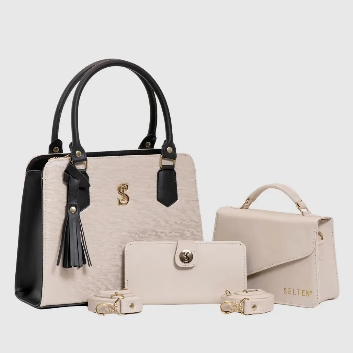 Bolsa Feminina Transversal E Bolsinha Com Mini Carteira Acambamento dos ferragens Ouro Cor Creme e Preto Correia de ombro Preto Desenho do tecido Lisa