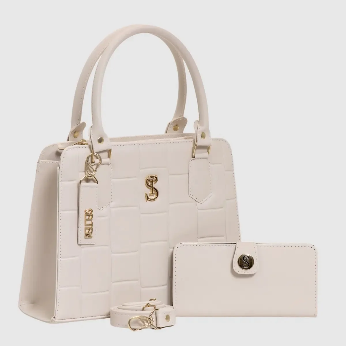 Bolsa E Carteira Feminina Media Lateral E Transversal Acambamento Dos Ferragens Ouro Cor Creme Desenho Do Tecido Lisa