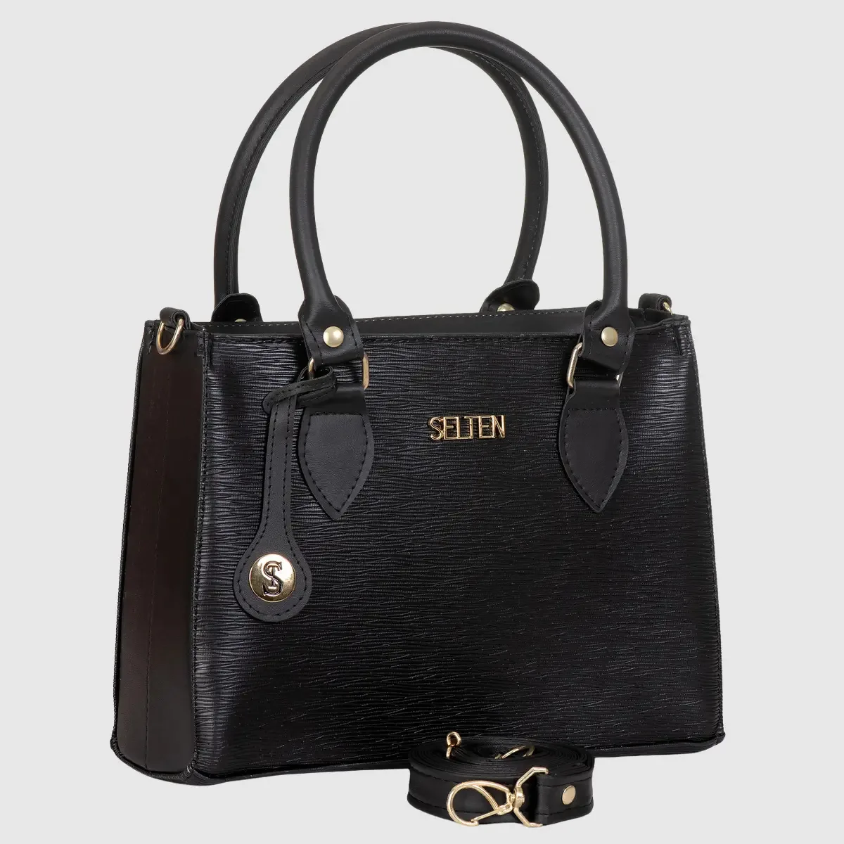Bolsa Feminina Transversal E De Mão Media Tiracolo Acambamento dos ferragens Ouro Cor Preto Desenho do tecido Lisa